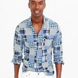 J. Crew Men’s Large Slim Blue Patchwork Plaid Button Down Long Sleeve Shirt